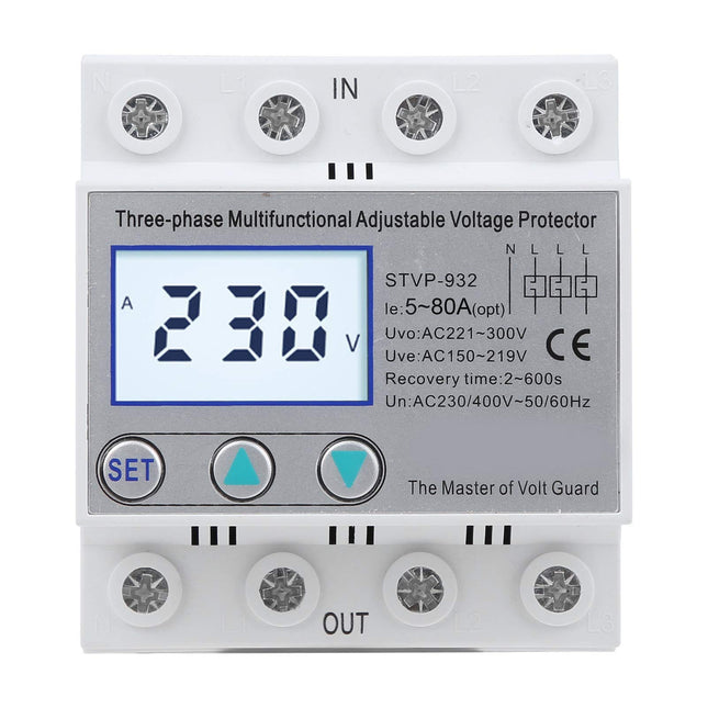 230V/400V AC reguleeritav pingekaitse STVP-932 3-faasiline LCD multifunktsionaalne iselähtestuv ülepingekaitse (80A)