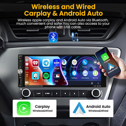 Hikity 1 DIN autoraadio Carplay Android Auto juhtmevaba 6,9'' puutetundlik ekraan Bluetooth Handsfree FM/EQ/USB/SWC/tagurduskaamera/peegliühendus
