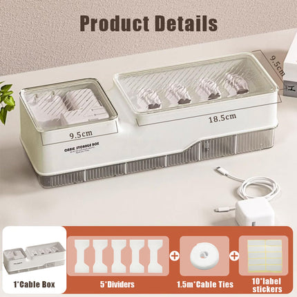 YTACREA Cable Organizer Box with Lid - Double Layer, White Cable Box with Adjustable Compartments, Cable Organizer for Charging Cables, Batteries, Cable Management on the Desk, Cable Management Box, 1 Piece