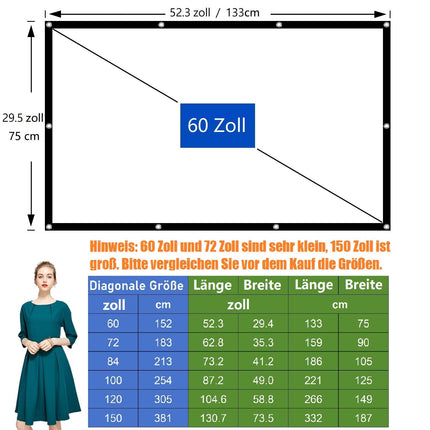 Projektori ekraan + must alus, valguse läbilaskvust vähendav, 16:9, kortsuvaba, 160°, pestav, kokkupandav, sise-/välistingimustes kasutamiseks, komplektis naelakonks ja käekott (60-tolline must alus)