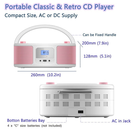 Kaasaskantav CD-mängija Boombox Bluetoothiga | Pult | FM-raadio | USB | MP3 taasesitus | Ühildub CD-R/CD-RW plaatidega (roosa + valge)