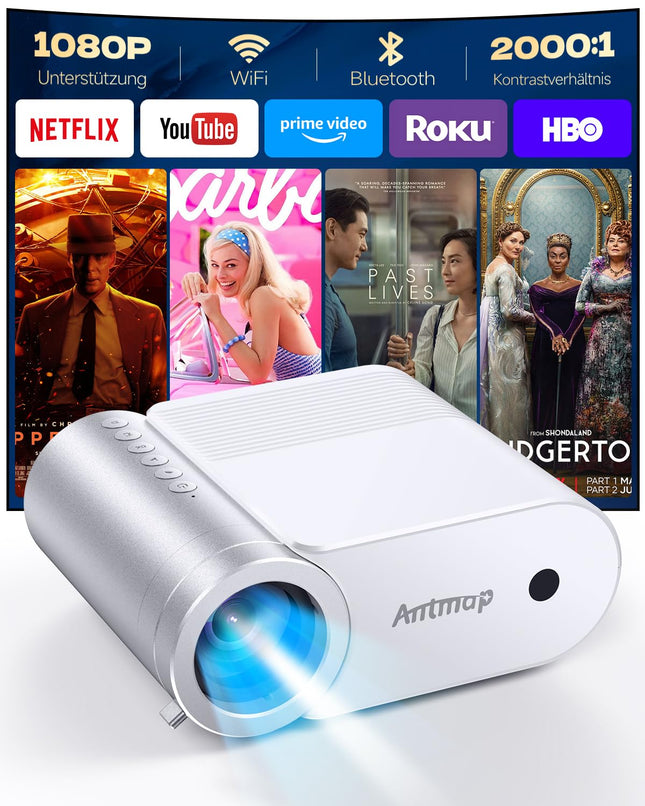 Antmap miniprojektor Bluetooth, väike projektor mobiiltelefonile, 1080P tugiprojektor iPhone'ile/Androidile, filmiprojektor koju/õues, ühildub nutitelefoniga/TYPE C kaabel/HDMI/USB/Fire Stick/PS5