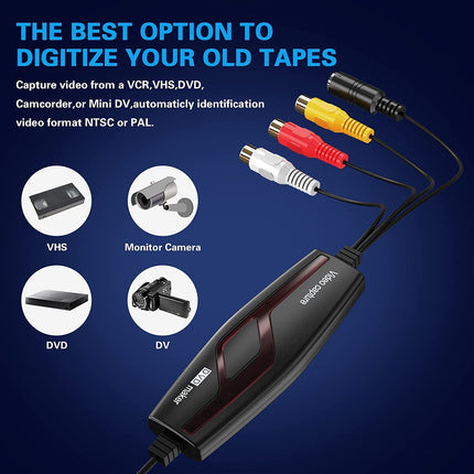 DIGITNOW! Video Grabber teisendab Hi8 VHS-i digitaalsele DVD-le Windows 10 / Maci jaoks, videokaart Scart / AV-adapteriga, ühe puutega videosalvesti - redigeeri, salvesta ja kirjuta DVD-le