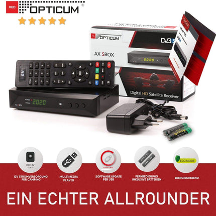 RED OPTICUM satelliitvastuvõtja HD satelliitantenni jaoks, satelliitvastuvõtja Sat, 1080p, Full HD, AAC-LC heli, HDMI, SCART, USB 2.0, koaksiaal - ühe kaabliga ühilduv DOCS - AX SBOX komplekt + HDMI kaabel