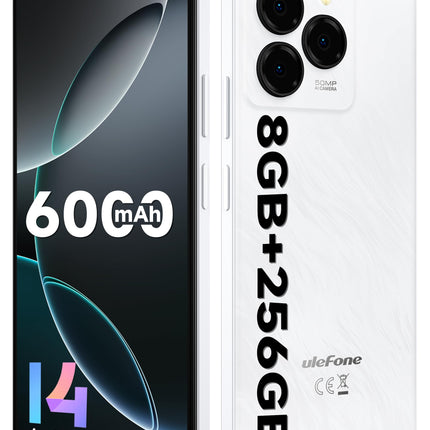 Ulefone Note 20 Pro mobiiltelefon ilma lepinguta Android 14, 8GB RAM+256GB ROM/SD-1TB, 50MP+8MP kaamera Octa Core 6.75" HD+ Widevine L1, 6000mAh aku, Dual SIM 4G nutitelefon Face ID/Sõrmejäljelugeja/GPS/OTG Valge