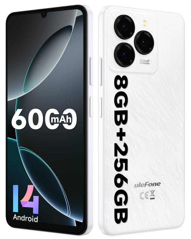 Ulefone Note 20 Pro mobiiltelefon ilma lepinguta Android 14, 8GB RAM+256GB ROM/SD-1TB, 50MP+8MP kaamera Octa Core 6.75" HD+ Widevine L1, 6000mAh aku, Dual SIM 4G nutitelefon Face ID/Sõrmejäljelugeja/GPS/OTG Valge