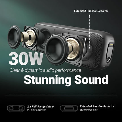 BOGASING G6 Portable Bluetooth Speaker, 30W Music Box with Powerful Sound, 35h Battery, EQ, IPX6 Water Protection, USB, TF, AUX, Wireless Speaker Boxes Bluetooth Box with Microphone (Black)