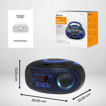 Denver Electronics TCL-212BT - CD Player (4 W, FM, External, Portable CD Player, Blue, 3.5 mm)