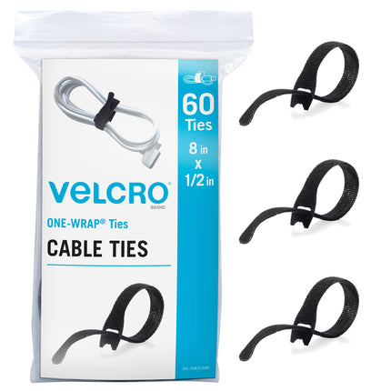 VELCRO Brand Heavy-Duty Reusable Cable Ties, 60 Count, Bulk Pack, 8 x 1.27 cm, Black, Strong Wire Management for Home, Office, and Data Centers