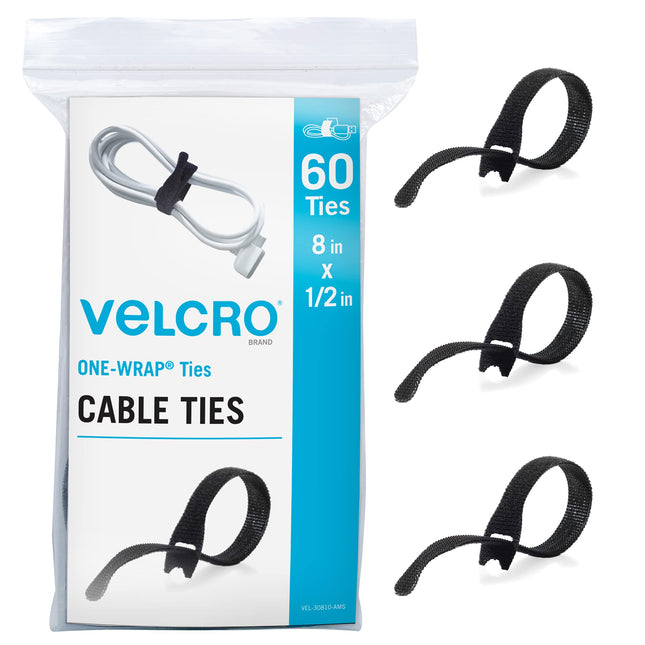 VELCRO Brand Heavy-Duty Reusable Cable Ties, 60 Count, Bulk Pack, 8 x 1.27 cm, Black, Strong Wire Management for Home, Office, and Data Centers