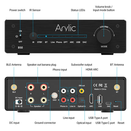 Arylic B50 võimendi Bluetoothiga, stereovõimendi, 2-kanaliga 50W*2 kodukino võimendi, HDMI, ARC, OPT, DAC ja Phono sisendiga. Toetab aptX kõrglahutusega muusika edastamist ja vastuvõtmist.