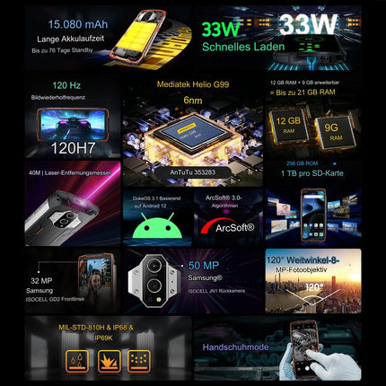 Blackview - BV9300-4G nutitelefon - kahe SIM-kaardiga - 6,6-tolline ekraan - 256 GB ROM - 33W kiirlaadimine - 40 m kaugusmõõtja - oranž