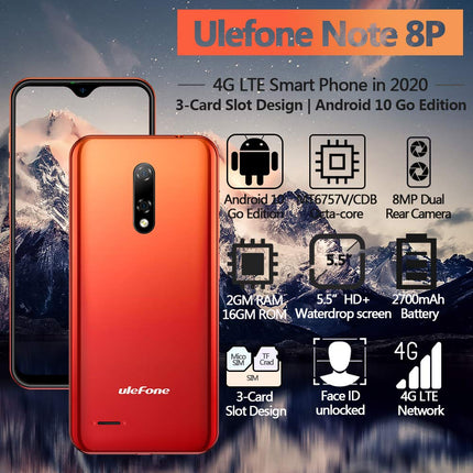 Ulefone Note 8P Android 10 Smartphone without Contract, 5.5'' Waterdrop Screen, 4G LTE Mobile Phone, 2GB+16GB, Dual SIM + SD (3 Card Slots), Face Unlock, 8MP+2MP+5MP, GPS, Red