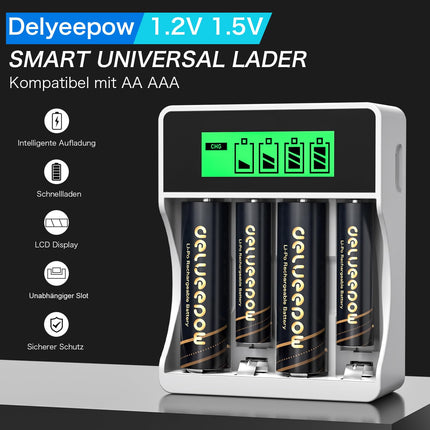 Delyeepow Rechargeable AA Battery Lithium 1.5V 3500mWh with Charger, 1500 Cycles Rechargeable Lithium AA Batteries 4 Pack, 2 Hours Quick Charge
