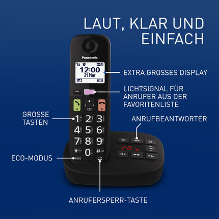 Panasonic KX-TGU130EXB digital cordless phone with answering machine, base station &amp; 1 handset, LCD display, large buttons, favorites button, hearing aid compatible, black