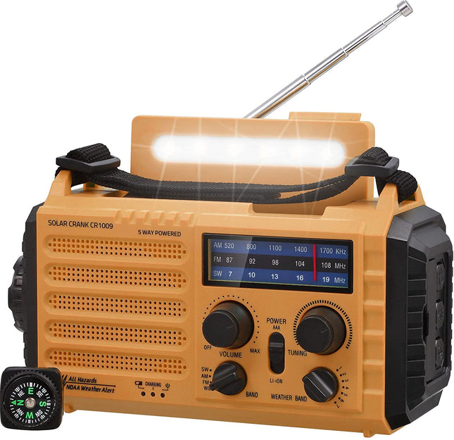 Kaasaskantav päikeseenergial töötav hädaabiraadio vändaga, dünamoga ilmateadetega AM/FM/SW raadio, 4000mAh laetav akupank, USB telefonilaadija, LED taskulamp ja lugemislamp, SOS-alarm, kompass telkimiseks meie õues