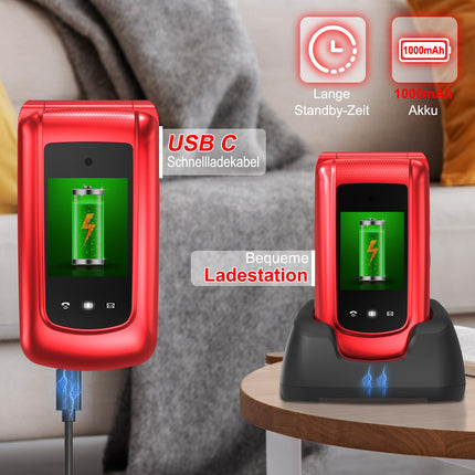 4G Flip Phone for Seniors with Large Buttons, Dual-SIM Flip Mobile Phone with Charging Cradle | SOS Emergency Call Function | Speed ​​Dial | Flashlight | FM Radio | 2.4+1.77 Inch Dual Color Display | Red