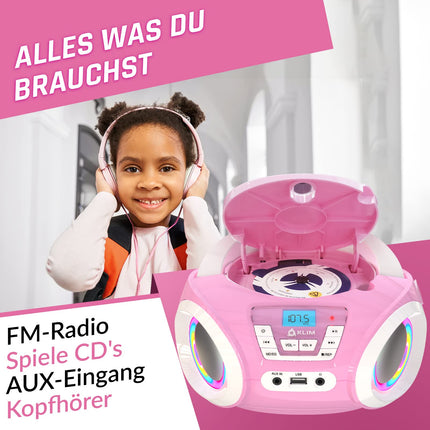 KLIM Candy laste CD-mängija - UUS 2024 - FM-raadio - Patareid kaasas - Roosa - Kaasaskantav Boombox - CD-mängija lastele - Kõlaritega, Väikelastele (Roosa)