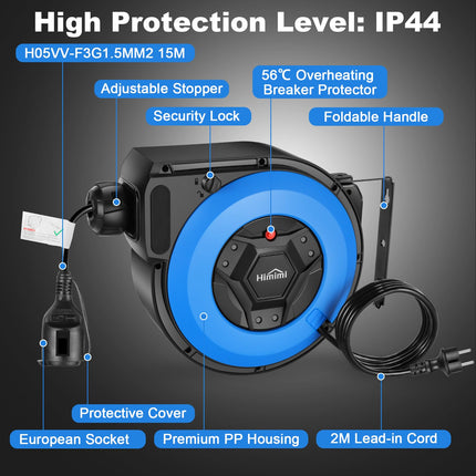Professional Automatic Cable Reel with Bracket 15 m + 2 m | Wall and Ceiling Mounted Retractable Power Reel | 1500W ~ 3000W Automatic Cable Reel | 180° Rotatable | Cable Reel Protection Level IP44