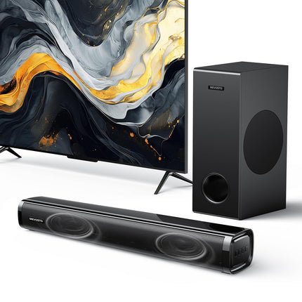 Teleri heliriba subwooferiga, arvutile, mängudele, 2.1 kanalit MEVOSTO 2025, täiustatud teleri heliriba, sügav bass, arvuti helisüsteem, BT 5.3/USB/HD-ARC/optiline/AUX bass ja kõrged toonid, reguleeritav, kodukino