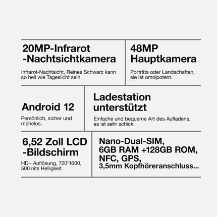 AGM H5 Pro Outdoor Handy Ohne Vertrag, Android 12 Outdoor Smartphone, Helio G85 Octa Core 6 GB+128 GB, 20 MP Nachtsichtkamera, 48 MP Triple Kamera 6,52 Zoll HD + 7000 mAh Akku IP68 4G Dual SIM schwarz