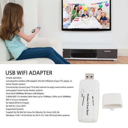 Kahesageduslik WiFi-adapter, 300Mbps WiFi-adapter Ralink RT3572 kiibistikuga USB WiFi-adapterile 2.4G 5.8G kahesageduslik