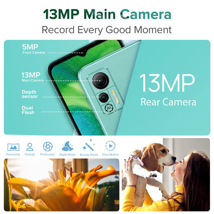 Ulefone Note 14 Pro nutitelefon ilma lepinguta, Android 12 mobiiltelefon 8GB/64GB+128GB(SD) 4500mAh koos 13MP+5MP kaameraga 6,52-tolline HD+ 5Ghz WiFi 3 pesa/Face ID/GPS/FM/suur font 4G kahe SIM-kaardiga roheline