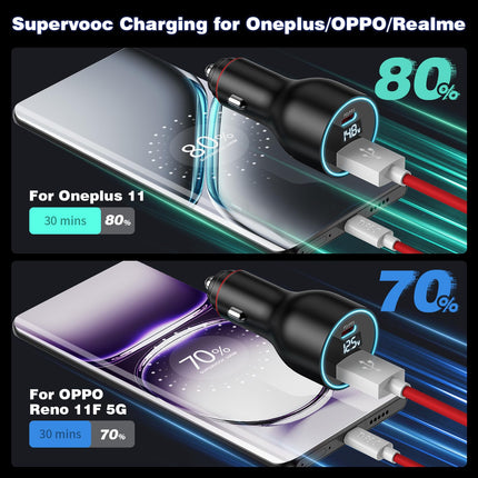 100W sigaretisüütaja USB-laadija OnePlus Supervooc Charge'ile, USB-C autolaadija kahe pordiga USB-C laadimiskaabel autolaadija OnePlus 13 12 10Pro Nord 2T Nord 4 CE 4 Lite OPPO Reno 11F jaoks