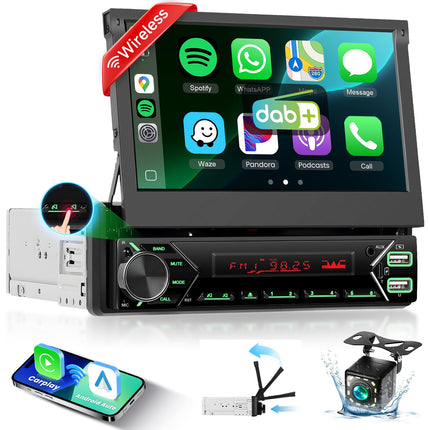 Podofo DAB+ 1 DIN Bluetooth-autoraadio CarPlay ja Android Auto juhtmevaba süsteemiga, mootoriga hüpikaknaga, 7-tollise puutetundliku ekraaniga, Mirror Link FM-iga, USB Type-C-pordiga, AUX-mikrofoniga, tahavaatekaameraga