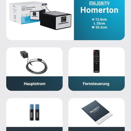 Internetiraadio CD-mängija ja DAB Plus-iga | Köögiraadio Bluetoothi ​​ja FM-raadioga | Digitaalraadio WiFi koos Spotify Connecti ja taskuhäälingutega | EQ, värviline ekraan, pult kaasas | MAJORITY Homerton (must)