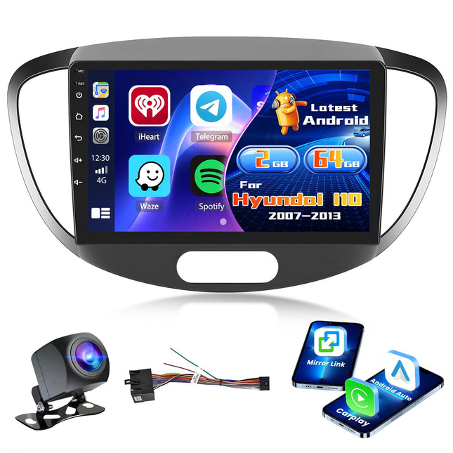 Inefala raadio Hyundai i10 2007-2013 Android 2+64G koos juhtmevaba CarPlayga Android Auto, 9-tolline ekraan EQ-ga 26UI FM RDS GPS Bluetooth WiFi SWC AHD tahavaatekaamera