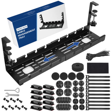 WADEO Under Desk Cable Management Tray, 28-52 cm Extendable and Adjustable Cable Organizer No Drilling, Set with 148 Accessories