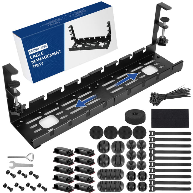 WADEO Under Desk Cable Management Tray, 28-52 cm Extendable and Adjustable Cable Organizer No Drilling, Set with 148 Accessories