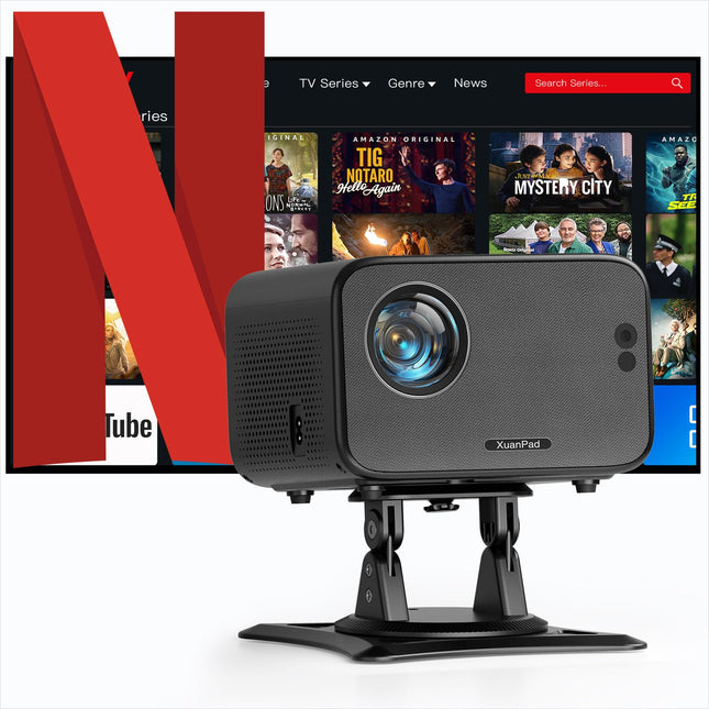 [Netflixi-sertifitseeritud ja autofookusega] XuanPad projektor 1080P miniprojektor WiFi ja Bluetoothiga, 210° pööratava alusega, automaatse trapetsikorrektsiooni, tolmufiltri ja soojuse hajutamise süsteemiga