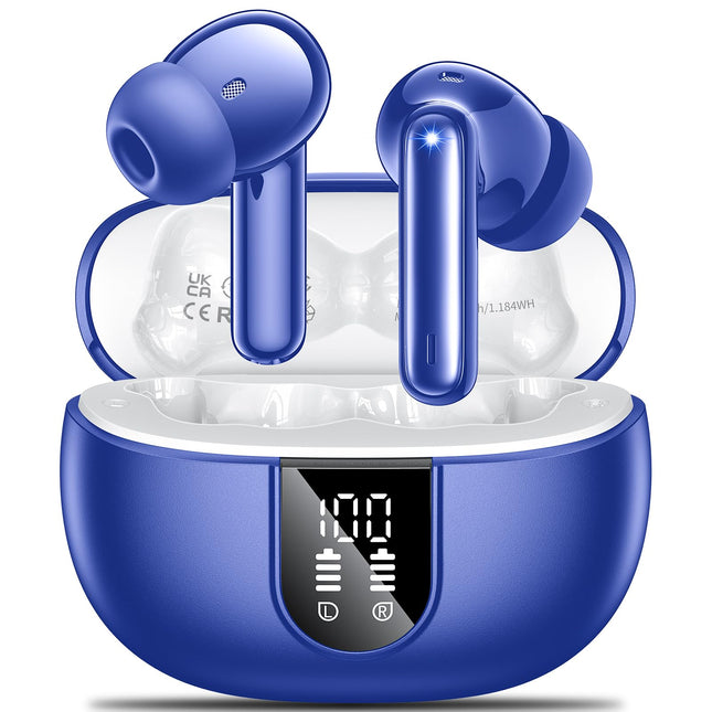 AOVOCE Bluetooth-kõrvaklapid, kõrvasisesed juhtmevabad Bluetooth 5.3 kõrvaklapid 42H sügava bassiga, spordikõrvaklapid 4 mikrofoniga, veekindlad kõrvaklapid ENC mürasummutusega, LED-ekraan, USB-C, sinine