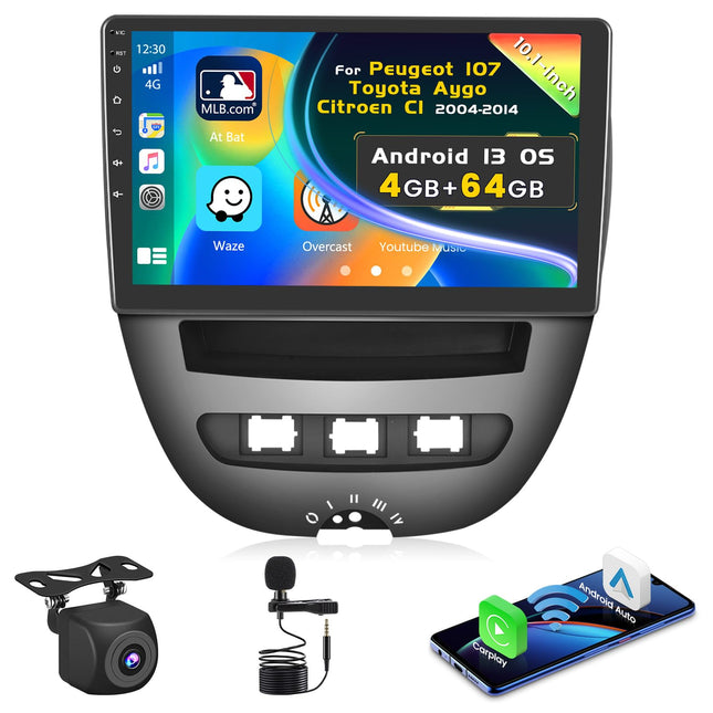 [4G+64G] Inefala Android autoraadio Peugeot 107/Toyota Aygo/Citroen C1 2004-2014 juhtmevaba Carplay Androidiga, 10-tolline puutetundliku ekraaniga autoraadio Bluetooth GPS-i, WiFi, RDS/FM EQ, SWC, tahavaatekaamera, mikrofon