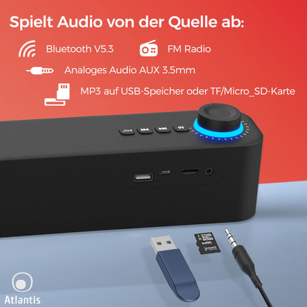 Atlantis Soundbar PC 20W, arvutikõlar, 3,5 mm pesa + Bluetooth 5.3 nutitelefonile, FireTV-le, plaadimängijale, 2400 mhA aku, FM-raadio, arvutikõlar, kaasaskantav, teler, nutitelefon 420x60x74 mm P003-C0820-B