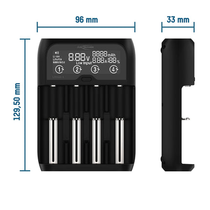 ANSMANN akulaadija 1-2 NiMH akule AAA AA Baby C või 4 Li-Ion 3.6V/3.7V / LiFePO4 (3.2V) 26650, 22650, 18650, 18500, 17670, 16340, 14500