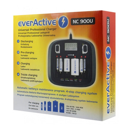 everActive laadija 8 AAA AA CD 9V patareile, universaalne ja kiire, täisautomaatne, LCD-ekraan aku laetuse protsendinäidikuga, mudel: NC-900U