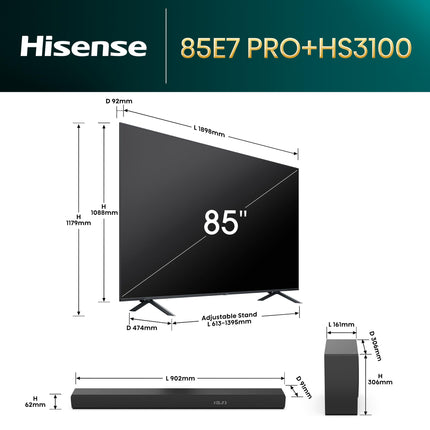 Hisense 85E7NQ Pro 215 cm (85-tollise) teleri komplekt, 4K UHD, QLED, nutiteler, Total HDR, Dolby Vision IQ Atmos, 144Hz (VRR), HDMI 2.1, mängurežiim PRO, kolmekordne tuuner HS3100 3.1