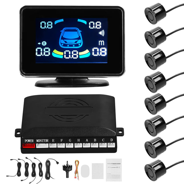 Shkalacar Parking Aid, Reversing Aid Front Rear with 8 Parking Sensors, Distance Detection, LCD Distance Display, Supports Acoustic Warning/Buzzer/Mute, Parking Sensor for 12V Vehicles, Black