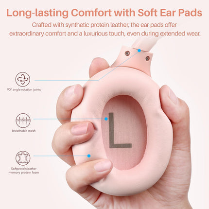 TOZO HT2 Over-Ear Headphones Bluetooth, Hybrid Active Noise Cancelling Headphones, Wireless Bluetooth Headphones with App Control, Hi-Res Audio, 60 Hours Playtime, Deep Bass, Comfortable Ear Cups, Pink