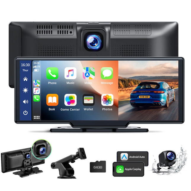 LAMTTO juhtmevaba CarPlay Android Auto, 9,26-tolline kaasaskantav autostereo 2.5K+1080P armatuurlauaga ees ja taga, CarPlay ekraan autole 64G TF, Bluetooth, navigatsioon, Mirror Link, Siri/G00gle, AUX/FM