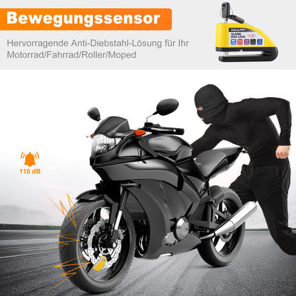 REAPP Brake Disc Lock, Motorcycle Lock Alarm 110db, High Security Motorcycle Lock with 1.5m Recall Cable and Lock Bag, Alarm System for Moto, Moped, Bicycle, Scooter (with Disc Brake)