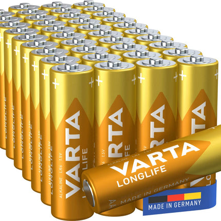 VARTA AA patareid, 40 tk, pika elueaga, leeliselised, 1,5 V, kaugjuhtimispultide, raadiote, kellade jaoks, valmistatud Saksamaal