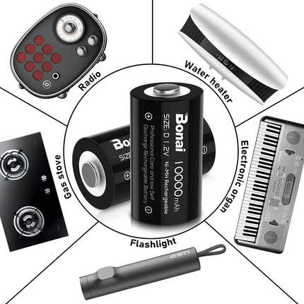 BONAI D aku 10000mAh Mono D laetavad akud, suure mahutavusega D Accu NiMH 1.2V D-elemendid, laetavad D-akud madala isetühjenemise ja pika elueaga (4 tk pakis)