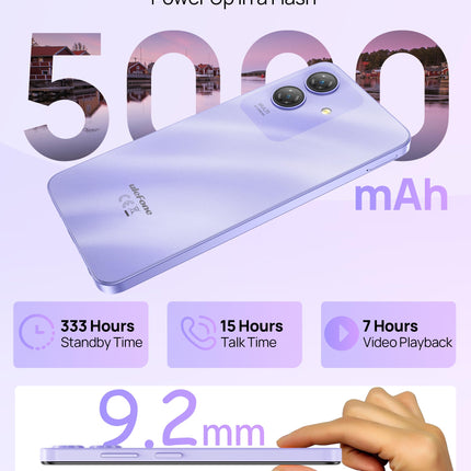 Ulefone Note 21 nutitelefon, 8GB+128GB/SD-1TB Android 14 mobiiltelefon, 90Hz 6.65" HD+ Octa Core kahe SIM-kaardiga 4G telefon Unisoc T606, 5000mAh mobiiltelefon, 13MP+8MP kaamera/GPS/OTG/Face ID/Sõrmejäljelugeja lilla