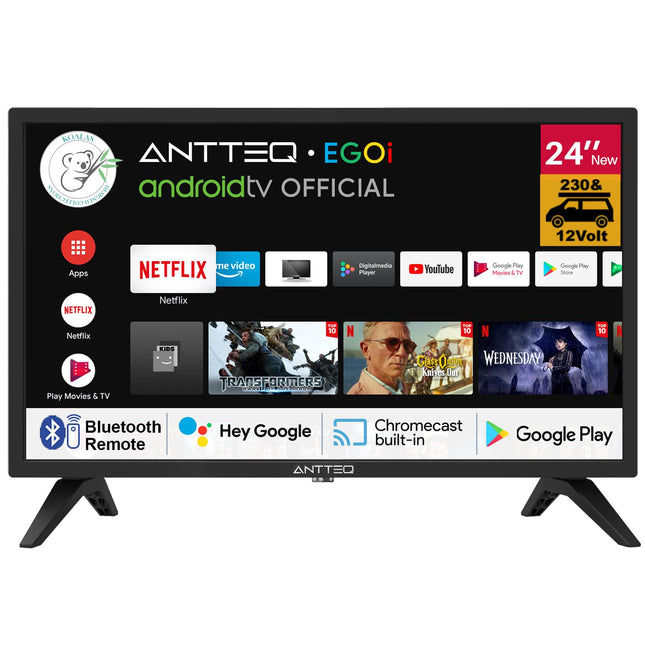 Antteq G24-AH3CF1D Smart TV 24 inches (61 cm) with 12-volt car adapter, Google TV, HD, triple tuner, DAZN, WiFi, Bluetooth voice remote control, 230V/12V, 2024