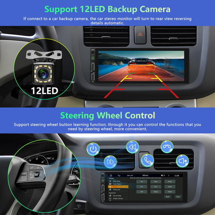 Podofo Car Radio 1 Din with CarPlay, Bluetooth, Android Auto, with 6.86 inch Screen Car Radio Display Supports FM Mirror Link, Rear View Camera and Microphone