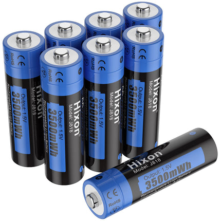 Hixon 1.5V AA Battery, Lithium AA Rechargeable Battery, 1.5V Constant Output with Max 3 Amp Discharge Current, 1500 Cycles, 3500 mWh High Capacity AA Lithium Battery, Set of 8 Batteries